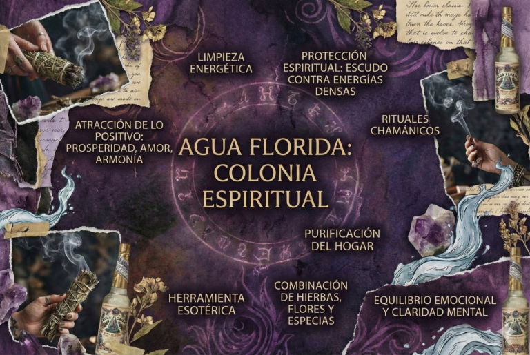 Collage de estética chamánica en tonos negro y morado titulado 'Agua Florida: Colonia Espiritual'. La imagen muestra botellas de agua florida, humo de sahumerio y elementos esotéricos, rodeados de frases clave sobre sus usos: limpieza energética, protección espiritual contra energías densas, atracción de lo positivo, rituales chamánicos, purificación del hogar, herramienta esotérica y equilibrio emocional